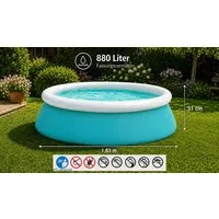 steinwohn Quick-Up Pool Ø 183 cm x 51 cm – 880 L Fassungsvermögen – Easy Set Familienpool, Wasserablassventil, Pumpenanschlüssen, Reparaturflicken & Warnbanner