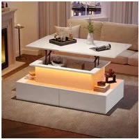 KLAM HOME Couchtisch Höhenverstellbarer Couchtisch Mit LED Beleuchtung Und Schublade (Moderner Beistelltisch 90x55x41 cm mit ausziehbarer Tischplatte), Couchtisch mit Stauraum, Click-to-Open Schubladen & App-LED