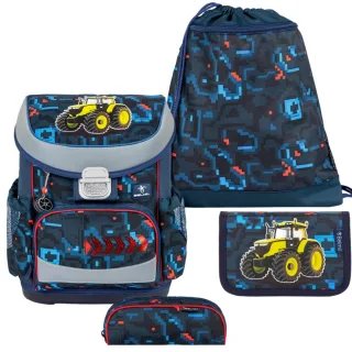 Belmil Schulranzen Set MINI FIT 4tlg. für kleinere Kinder Pixel Trak (Motiv: Trecker)