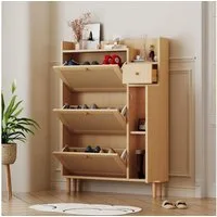 BBWL Schuhschrank Schmaler Rattan-Schuhschrank 90x125x17 cm mit 3 Klappen & 1 Schublade (Platzsparende Kommode aus MDF mit Massivholzgriffen & -beinen, Ideal für kleine Flure & Eingänge, Verstellbare Böden & hoher Stauraum,Natürliches Design für stil