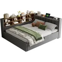 MODFU Schlafsofa Mit Hydraulischem Stauraum, Nachtlicht, USB & Typ-C Ladeanschlüssen, Samt,Polsterbett mit Ablagen und Staufächern, Multifunktionales Kinderbett 140x200 cm, Inklusive Matratze