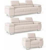 M-Punkt24 Polstergarnitur Miami, (SET 3-3-1, Samtstoff Creme), mit Bettfunktion und verstellbare Kopfstützen