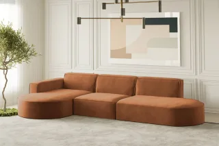 Ecksofa Designersofa PALMA in Stoff Noel Ziegelrot Ottomane Links