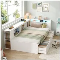 Homfa Kinderbett Holzbett 90x200 Jugendbett Einzelbett, Stauraumbett mit LED, mit Schubladen & Bücherregal & Staufächer