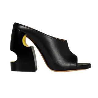 Off White - Ausschnitt Mules für Damen, Leder, Hoher Blockabsatz (Schwarz/Gelb)