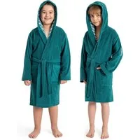 KangaROOS Kinderbademantel Dalia, Ideal für Zuhause, Schwimmbad oder im Urlaub, Langform, Veloursfrottier, Kapuze, Gürtel, Uni-Farben mit Streifen