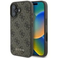 Guess Handyhülle iPhone 16 Kunstleder Muster braun Logo goldfarbig