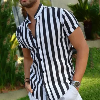 INCERUN Men's Casual Striped Shirt Daily Thin Long Sleeve Button Up Shirt for Men Stand-up Collar Short Sleeve Top Summe