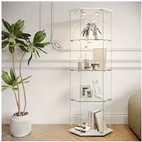FUROKOY Glasvitrine Fünfeckige Standvitrinen (Weiß 5 Lagen Sammlervitrine) Vitrinenschrank mit 1 Glastür für Sammler, Bücher, 162x60x42.5cm