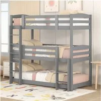 Flieks Etagenbett (mit 2 Leiter und 2 Set Lattenrost), Dreier-Etagenbett Hochbett Kiefernholzbett Kinderbett 90x200cm