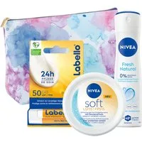 Nivea Feuchtigkeitspflege-Set Soft Festival SET Feuchtigkeitscreme Lippenpflege Deo Tasche Set, 4-tlg., Jojobaöl Sheabutter Shea Macadamia Öl