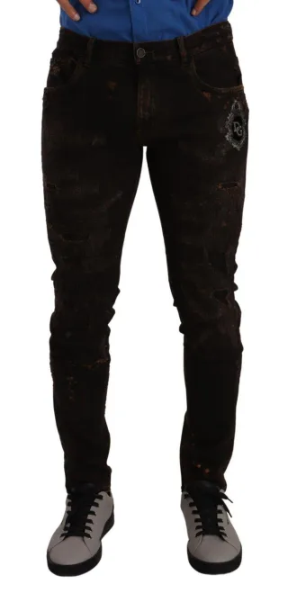 Dolce & Gabbana Herren Braune DG Krone Logo Baumwoll Skinny Jeans