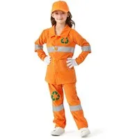 Corimori Kostüm Müllmann Müllfrau Kostüm, Set für Kinder, Orange mit Reflektorstreifen, Recycling-Symbol, Kappe und Handschuhe