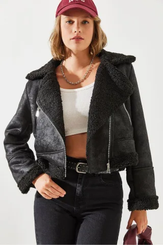 Kunstleder-Crop-Jacke mit Schalkragen