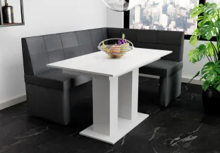 Eckbankgruppe 196x142 cm BLAKE XL L Stoff Soro Anthrazit/ Esstisch DANTE Weiß