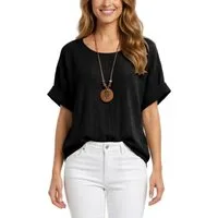 dy_mode Kurzarmbluse Damen Kurzarm Bluse Leichte Sommer Tunika Baumwollbluse Oberteil in Unifarbe, mit passende Kette