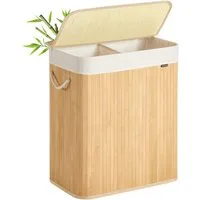 SONGMICS Wäschekorb 2 Fächer, 100 L Wäschesammler, faltbar, Waschküche, 52 x 32 x 61 cm, mit Deckel, Wäschebox Bambus, Wäschesack herausnehmbar, naturfarben