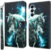 CLM-Tech Handytasche für Samsung Galaxy A57 5G Klapphülle aus PU Leder (Wolf blau schwarz, 1-tlg., Flip Case), Magnetverschluss, Standfunktion und Kartenfächer