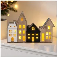 Spetebo Dekoobjekt LED Weihnachts Stadt Aufsteller aus Holz - 23x16cm, Deko Häuserzeile warm weiß beleuchtet