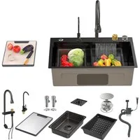 Rutaqian Granitspüle Küchenspüle Granit, Edelstahl-Einbecken-Barspüle mit Tassenspüler, 26,8 x 17,7 Zoll Einbau-/Unterbau-Arbeitsplatzspüle für den Bauernhof