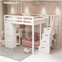 Flieks Hochbett Kinderbett 140x200cm mit Schubladekommode, Regalen und Stauraumtreppe