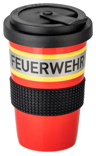 Coffee To-Go Becher aus hochwertigem Porzellan 400ml, rot mit gelb-silber-gelb Feuerwehroptik, Kunststoffdeckel mit Verschluss und Silikonbanderole