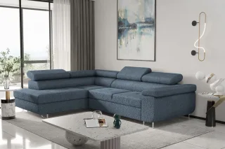 Ecksofa Sofa JADE Stoff Ascot Blau mit Schlaffunktion Ottomane Links