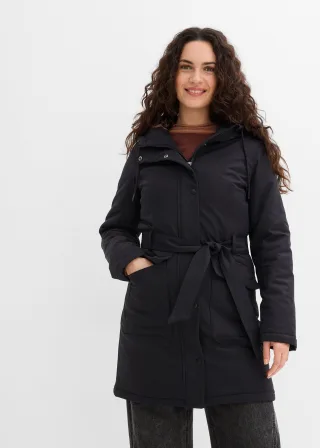 bonprix Wasserabweisender Outdoor-Kurzmantel mit Gürtel Leo-Futter, schwarz, Gr.40, Kurzmantel Outdoor mit Leo-Futter und Gürtel