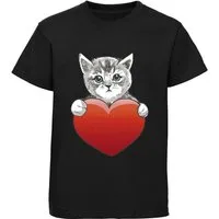MyDesign24 Print-Shirt bedrucktes Mädchen T-Shirt eine Katze mit Herz Kurzarm Baumwollshirt mit Aufdruck i120