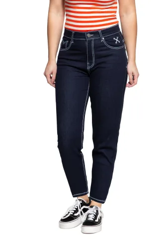 Queen Kerosin Damen High Waist Slim Fit Jeans Betty dunkelblau