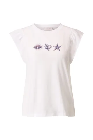 Rich & Royal - Top with Ruffles + Sea Print white - Gr. - XS