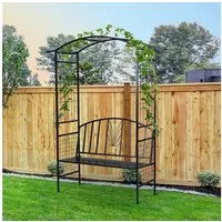 Outsunny Rosenbogen Torbogen Rankgitter Rankhilfe Garten Bogendach Sitzbank, 1 St., Pflanzbogen mit Bank, Metall Schwarz 154 x 60 x 205 cm