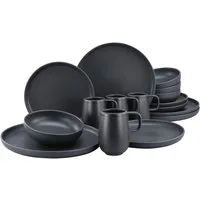 CreaTable Kombiservice Geschirr-Set Uno Black (16-tlg), 4 Personen, Steinzeug, Service, schwarz, seidenmatte Spezialglasur, M16 Teile, für 4 Personen
