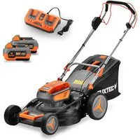 FUXTEC Akkurasenmäher FX-E2RM46SET, 46 cm Schnittbreite, 46 cm Schnittbreite, 50L Fangkorb, 2x 20V Akku, 25mm-65mm, Frontbumper