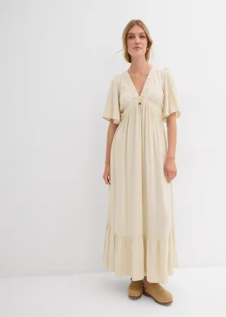 bonprix Maxi-Stufenkleid aus fließender Viskose, beige, Gr.36, Langes Kleid mit Volants und Ballonärmeln