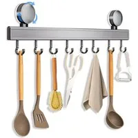 TUWENA Hakenleiste Hakenleiste Küche Ohne Bohren, 40cm Küchenregal mit Saugnapf, 8 Haken, Hohe Tragfähigkeit, Abnehmbare Küchenhaken für Badezimmer Schlafzimmer
