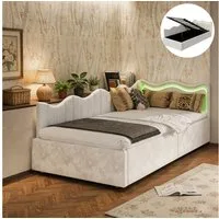 Simurq Daybett Schlafsofa mit Bettkasten, Samt, Beige, Polsterbett, Hydraulisch hebbarer Stauraum, Mit LED, Samt, 90x200cm
