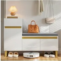 Merax Schuhschrank mit zweifarbiges Design und goldenen Details (1-St., 120×35×85 cm) Schuhregal mit integrierter Sitzbank, Schublade und offenem Fach