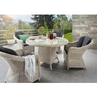 Destiny Garten-Essgruppe MALAGA LUNA 4 Se + Tisch Ø 100x75cm, vintage weiß, (Set, 5-tlg., 4 Sessel inkl. Polster, 1 Tisch mit aufgelegter Glasplatte), Aluminium, Polyrattan