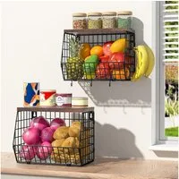 BlingBin Obstschale 2-tlg Hängender Obstkorb mit Holzdeckel, Wandkorb Küchenorganisator, Kohlenstoffstahl, hochwertiges Holz, (2 Stück, 2-tlg), Stapelbar Gemüsekorb mit 4 Haken für Obst Aufbewahren und Gemüse