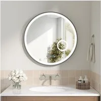 AQUABATOS Badspiegel Badezimmerspiegel Rund Badspiegel mit LED Beleuchtung Bad Wandspiegel, 3-fach-Vergrößerung Kosmetikspiegel dimmbar Uhr beschlagfrei Touch
