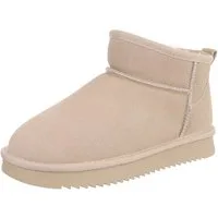 Ital-Design Damen Leder Slip-On Stiefelette mit Profilsohle Snowboots (92214551) Flach Flache Stiefeletten in Beige