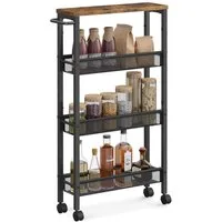 VASAGLE Beistellwagen Küchenwagen schmal, für kleine Räume, Küche, Wohnzimmer, Arbeitszimmer, 4 Ebenen, Nischenregal auf Rollen, Stahl, Griff, 13 x 45,4 x 77 cm