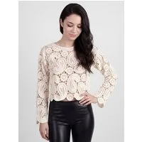 PEKIVESSA Spitzenshirt Langarm-Shirt aus Häkelspitze Crop-Top mit besonderem Motiv