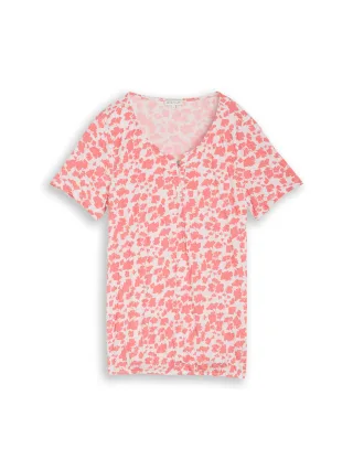 Tom Tailor - Crinkle T-Shirt mit Muster coral pink ginkgo minimal - Gr. - XXL