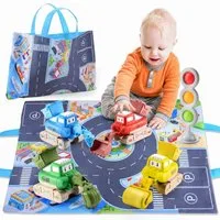 Wootoy Spielzeug-Auto Spielzeug-Baumaschine 3-in-1 Baustellen-Spielset Lernspielzeug, (mit Spielmatte 4 Baufahrzeugen und großer Aufbewahrungstasche, 4-tlg., Rückziehfahrzeuge ohne Batterien), Baustellen- und Stadtkarte für kreatives Lernen und Rolle