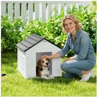 PawHut Hundehütte Hundehaus mit Satteldach, Hütte für mittelgroße Hunde unter 20 kg, Outdoor, 65 x 75,7 x 63 cm, Grau