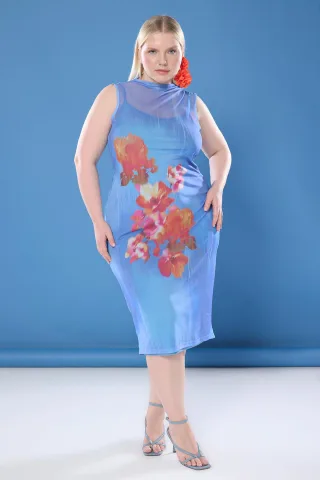 Curve Damen Sehr farbenfrohes, ärmelloses Midikleid mit Blumenmuster in Übergröße, lässig/alltagstauglich, figurbetont.