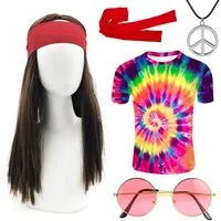 LuxusKollektion Hippie-Kostüm 70er Hippie Kostüm Set 5-teilig T-Shirt Perücke Brille Peace Halskette
