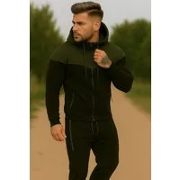 L.gonline Freizeitanzug Herren Jogginganzug, Freizeitanzug 984 Schwarz Oliv XXL (Kapuzenjacke mit Reißverschluss, Hose, 2-tlg), Fitness Freizeit Casual